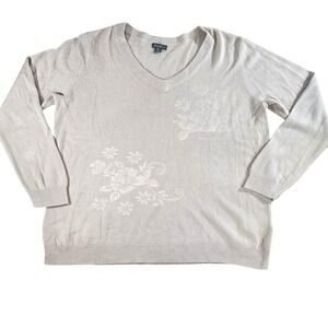 Eddie Bauer Womens V Neck Sweater Beige Floral Knit Cotton Nylon Blend Size L